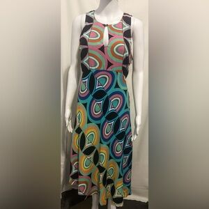 Anthropologie Sz 4 Multicolor Geometric Swirl Flowy Midi Dress Boho Festival